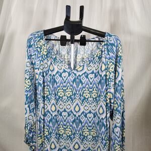 Emily Wonder Women’s 1X Ikat Print Blouse | Blue Green Boho Rayon Top